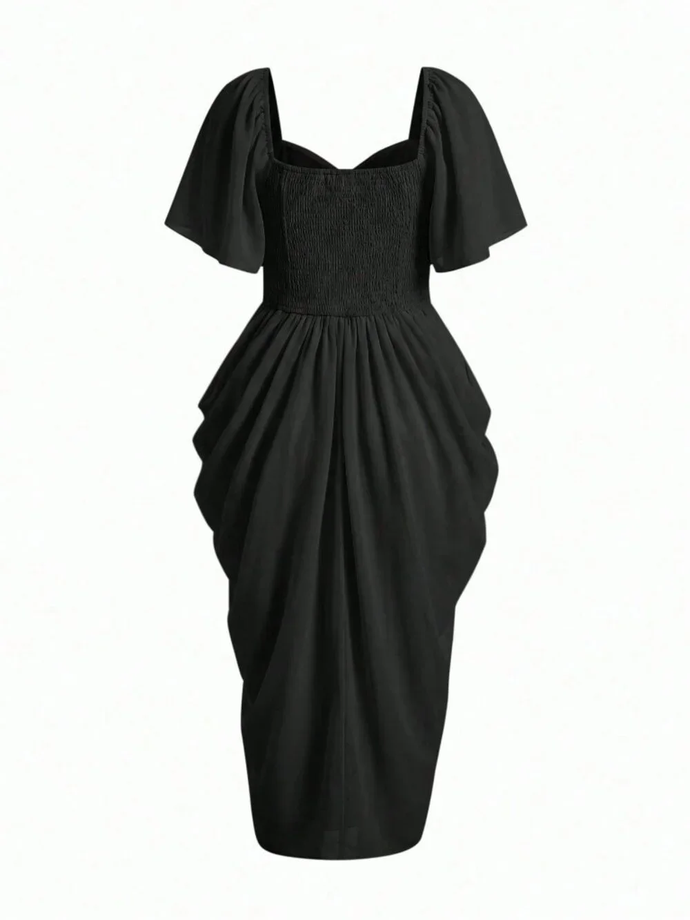 Black Elegant Women's Flounce Sleeve High Waist Midi Dress